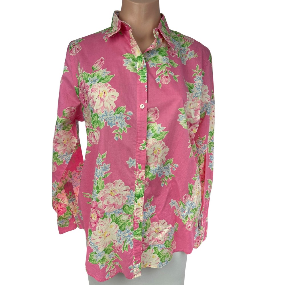 Jones New York Signature Blouse Sz M Pink Floral Cotton Button Down Long Sleeve